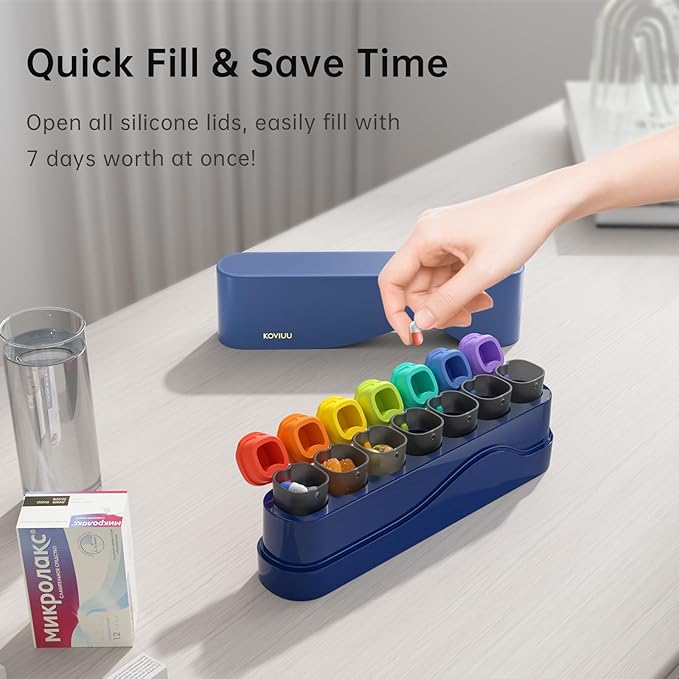 Weekly Pill Organizer 1 Time a Day, KOVIUU Removable Pill Box 7 Day, Portable Travel Pill Case, Once Daily Medication Container Holder, Week Pillbox Dispenser for Vitamin Medicine Supplement, Blue