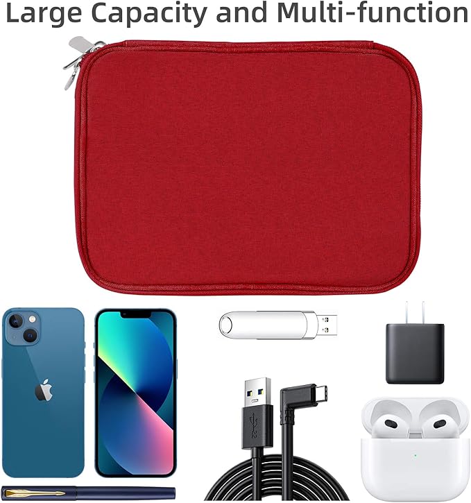 Electronics Organizer - Travel Cable Organizer Bag, Water Resistant Double Layers Pouch for Cord, iPhone, iPad Mini - Gift for Men Electronic Accessories Storage Case with 5 Cable Ties, Red