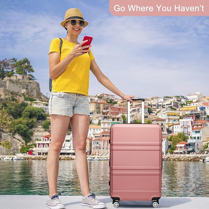 Kono 4 Piece Luggage Sets Expandable(only 28") with Spinner Wheels TSA Lock Lightweight PC+ABS Hardside Travel Rolling Suitcases 20in 24in 28in Carry on and 12in Mini Cosmetic Case Nude/Rose Pink