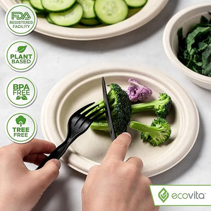 Ecovita 100% Compostable Forks Spoons Knives Cutlery Combo Set - 380 Large Disposable Utensils (7 in.) Eco Friendly Durable and Heat Resistant Alternative to Plastic Silverware with Convenient Tray