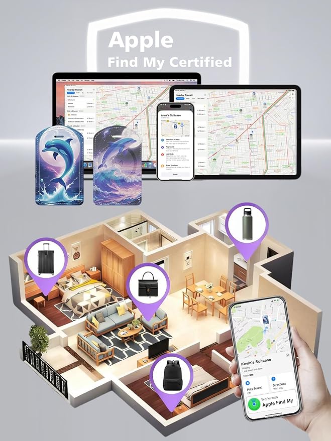 Luggage Tags Built-in Anti-Loss Tracker, Luxury Leather Luggage Tags for Suitcase, Travel Bags, Backpacks, Travel Organizer for Lost Baggage Prevention (Moon Dolphin)