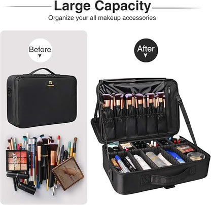 Relavel Makeup Case Large Makeup Bag Professional Train Case 16.5 inches Travel Cosmetic Organizer Brush Holder Waterproof Makeup Artist Storage Box, 3 Layer Large Capacity, with Adjustable Strap