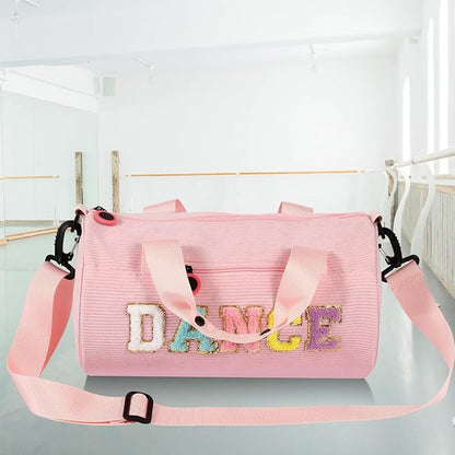 Dance Ballet Bag for Girls Sport Gym Duffle Bags Overnight Travel Bags Fun Dance Corduroy Chenille Letter Bag for Dancers (Pink)
