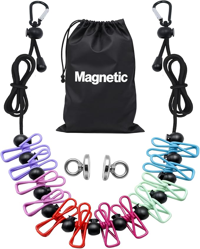 Magnetic Retractable Clothesline for Cruise Ship–12 Anti-Slip Clips & Waterproof Storage Bag, Portable Travel Laundry Line, Cruise Essentials for Cabin, Camping, RV
