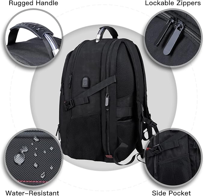 Extra Large Travel Laptop Backpack, 17.3 Inch Carry on Backpack for Men Women with USB Port, 50L Anti Theft Water Resistant College Bussiness TSA Airline Approved Work Computer Backpack, Black