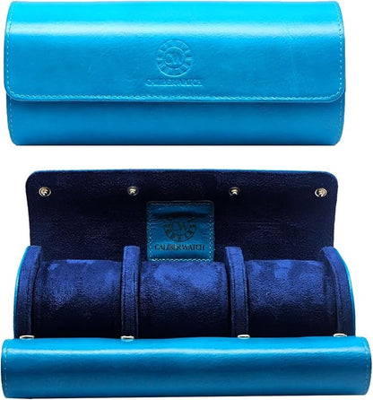 Genuine Napa Leather Watch Roll Travel Case for 3 Watches - Travel Watch Rolls and Leather Watch Display Cases with Velvet Interior - Watch Storage Organizer Men's (Blue 3 Watch Roll Case)