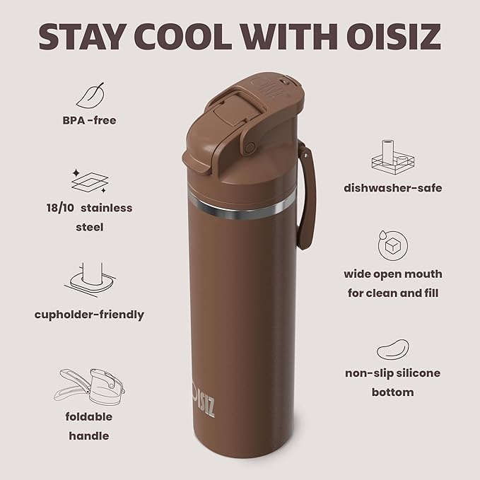 OISIZ Insulated Water Bottle 24 oz with 2 in 1 Spout and Straw Lid,One Click Safety Lock,100% Leakproof,Keep Cold 24H,Vacuum Stainless Steel Water Bottle for School,Travel and Sports,Dishwasher Safe