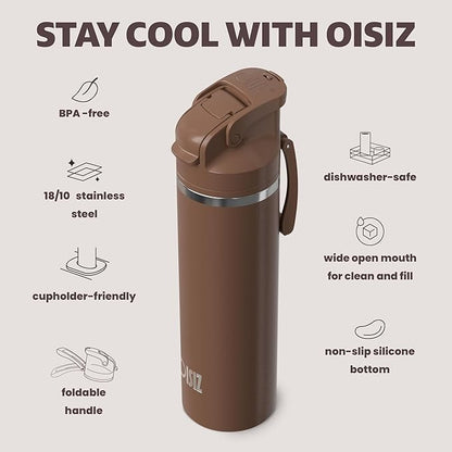 OISIZ Insulated Water Bottle 24 oz with 2 in 1 Spout and Straw Lid,One Click Safety Lock,100% Leakproof,Keep Cold 24H,Vacuum Stainless Steel Water Bottle for School,Travel and Sports,Dishwasher Safe