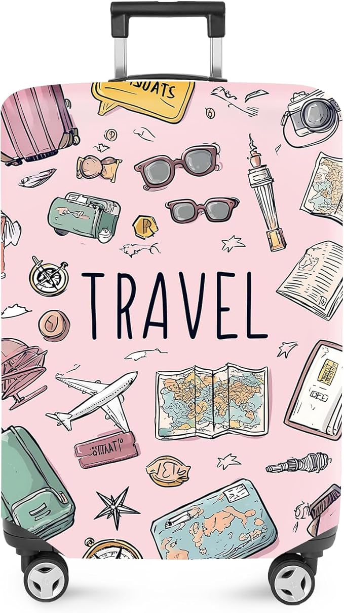 ANNA QUEEN Travel Luggage Cover, Travel Suitcase Protector with Vintage Travel Icons, Stretchable, Washable Travel Sleeve for 20-34 Inch Luggage