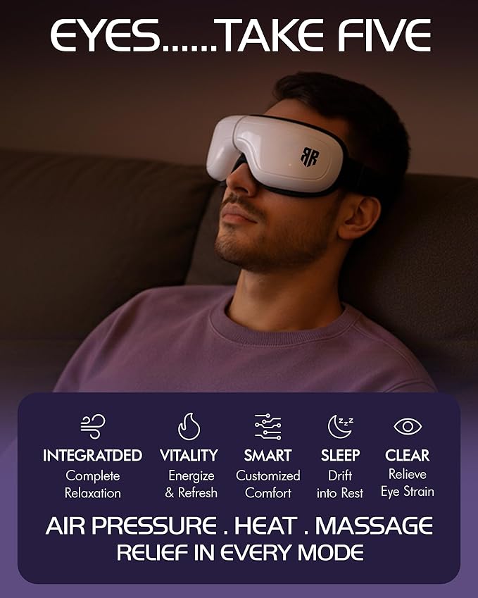 Eye Massager with Heat, Heated Eye Mask, Migraine Relief Device, Warm Compress & Vibration, Improved Sleep, 5 Massage Modes, Folding Design, Christmas/Bday Gift for Friend/Mom/Dad