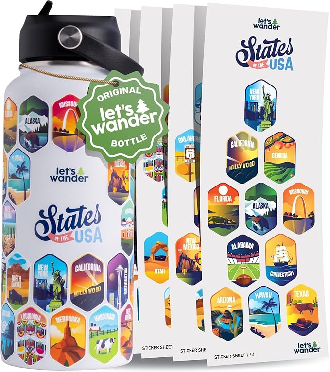 LET'S WANDER 50 States Water Bottle with Waterproof Stickers - 32oz Leakproof Insulated Stainless Steel with Straw - States of the USA Gift Bottle (White)