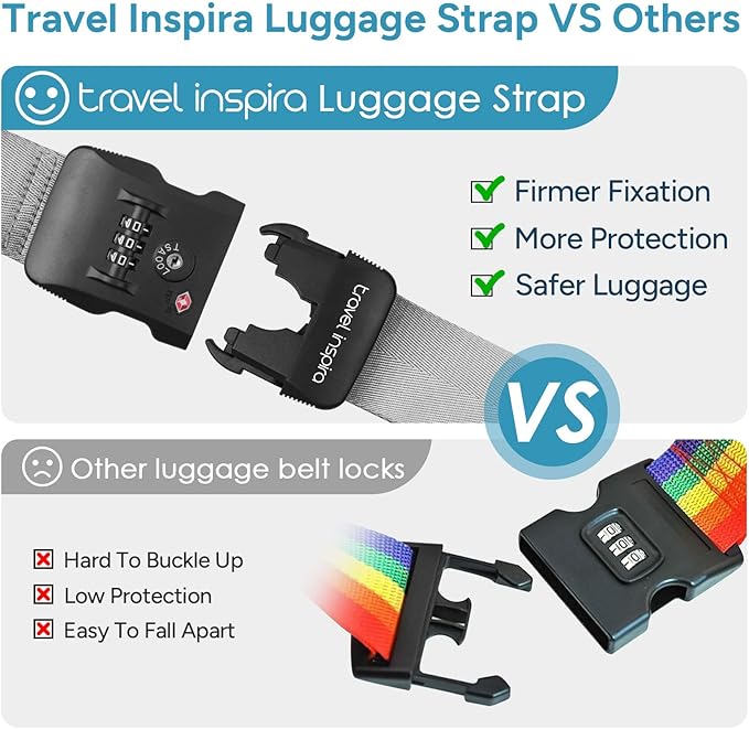 Travel Inspira Travel Belt for Luggage, TSA Approved Luggage Straps, 3-Dial Combination Locks Adjustable Suitcase Belt, Quick-Release Buckle (Grey)