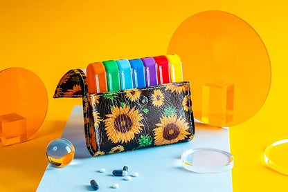 Pill Organizer,LIZIMANDU Weekly Travel Pill Case Box Medication Reminder Daily AM PM, Day Night 7 Compartments,for 4 Times A Day, 7 Days a Week-Includes Leather PU Carrying Case (Sunflower)