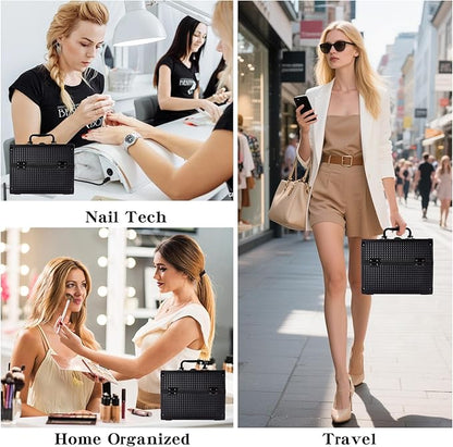 Makeup Train Case, Portable Makeup Case with Mirror, 2-Trays Cosmetic Organizer Case,Nail Polish Organizer, Travel Makeup Box, Profesional for Salon Barber, Black