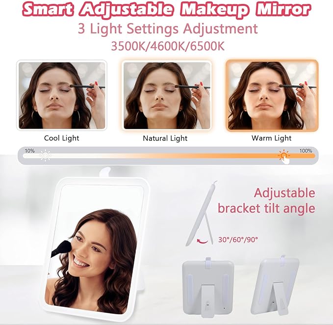 Travel Makeup Bag with Light Up Mirror, Portable Makeup Bag with Led Light Women Waterproof Makeup Travel Case adjustable dividers Rechargeable Vanity Mirror with 3 Color Lights (Pink)