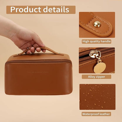 3 Pcs Travel Makeup Bag Portable Large Capacity Cosmetic Bags for Women Open Flat Makeup Case Organizer Bag Set of 3 Waterproof PU Leather Toiletry Bags with Divider and Handle (Brown, Medium)