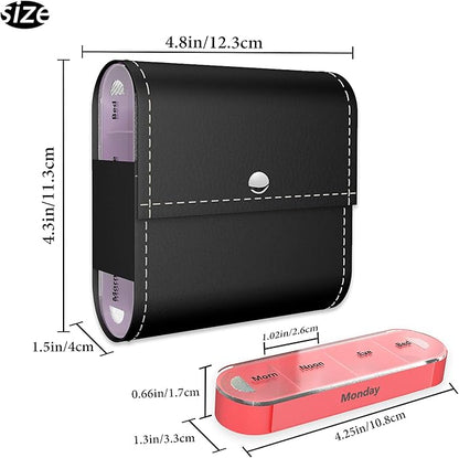 Pill Organizer,LIZIMANDU Weekly Travel Pill Case Box Medication Reminder Daily AM PM, Day Night 7 Compartments,for 4 Times A Day, 7 Days a Week-Includes Leather PU Carrying Case (Pure Black)