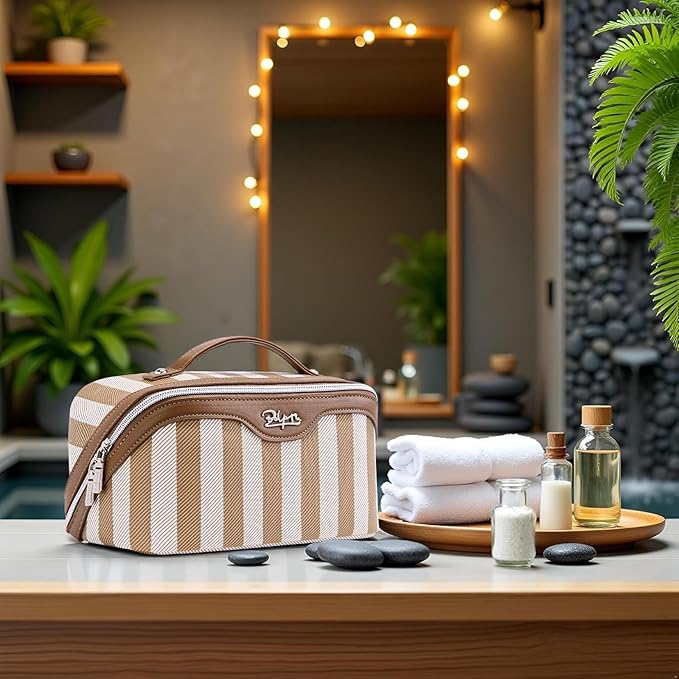 BOYATU Travel Makeup Bag for Women: Large Cosmetic Bag Set of 3 - PU Leather Make up Bag with Compartments - Compact Waterproof Toiletry Bag with Divider & Handle (B-5-Brown)