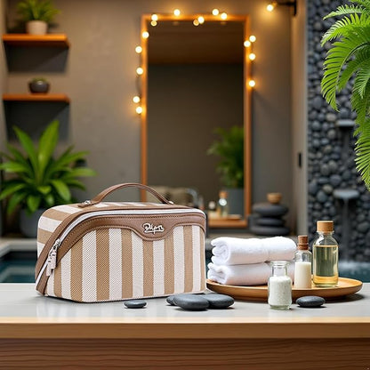 BOYATU Travel Makeup Bag for Women: Large Cosmetic Bag Set of 3 - PU Leather Make up Bag with Compartments - Compact Waterproof Toiletry Bag with Divider & Handle (B-5-Brown)