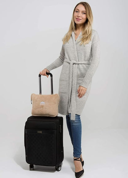 BlueHills Premium Soft Travel Blanket Pillow Airplane Blanket Packed in Soft Bag Pillowcase with Hand Luggage Belt Backpack Clip Compact Pack Large Portable Flight Throw Beige T005