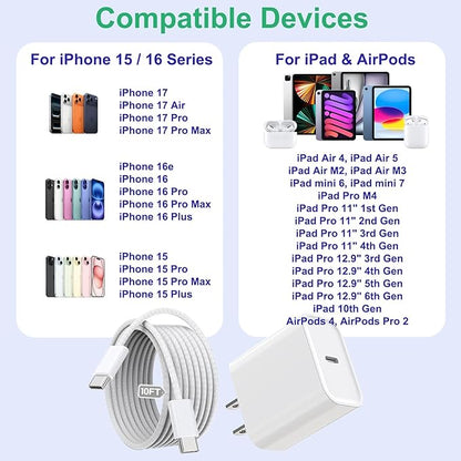 iPhone 16 15 Charger Fast Charging,3Pack 20W Fast Charging USB C Charger with 10Foot Long Type C to C Cable Cord TypeC Block Brick for iPhone 16e/16/16 Pro/16 Plus/16 Pro Max/15 Pro,iPad Air/Pro/Mini