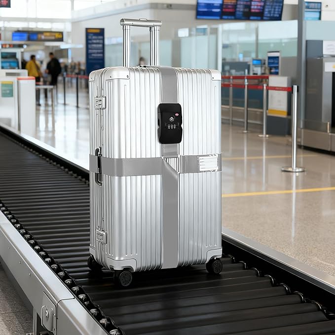 Luggage Straps, Silver TSA Approved Cross Luggage Strap Belt with Combination Lock for Suitcases, 1 Pack Adjustable Heavy Duty Cross Style Suitcase Straps with Name Tags for Travel