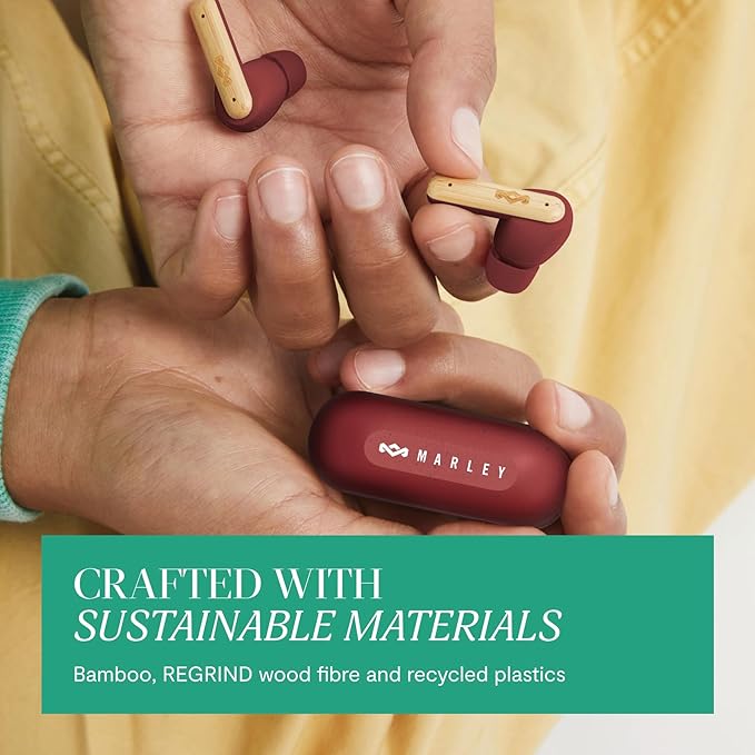 House of Marley Little Bird True Wireless Earbuds, Touch Controls, Built-in Mic, 24 Hours Playtime with Case, USB-C Quick Charge, Sustainable Materials, Movie and Gaming Mode (Red)