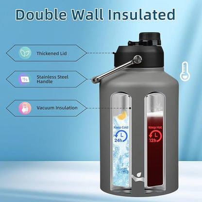 1 Gallon Jug with Handle,128 oz Insulated Water Bottle with Carrying Pouch, Double Wall Vacuum Stainless Steel Metal Bottle,Gray