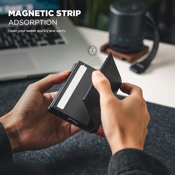 VULKIT Pop up Card Wallet Minimalist Cash Wallets RFID Blocking Leather Smart Credit Card Holder with ID window for Men(Black)