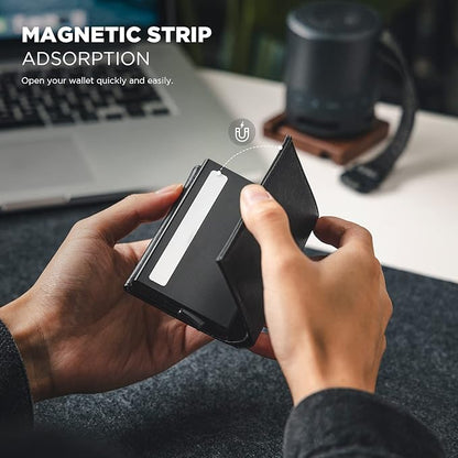 VULKIT Pop up Card Wallet Minimalist Cash Wallets RFID Blocking Leather Smart Credit Card Holder with ID window for Men(Black)