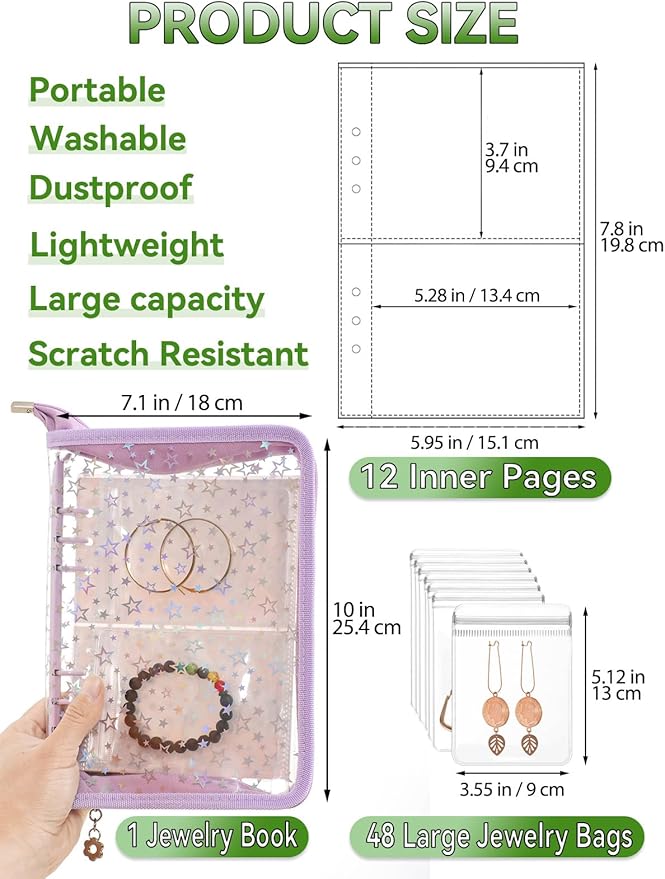 Jewelry Organizer Storage Case Travel Clear Earring Organizer Case Transparent Jewelry Storage Book with Small Clear Zippered Pouch (Purple, with 48 Pcs large Jewelry Pouches)