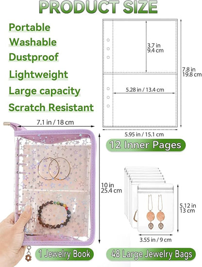 Jewelry Organizer Storage Case Travel Clear Earring Organizer Case Transparent Jewelry Storage Book with Small Clear Zippered Pouch (Purple, with 48 Pcs large Jewelry Pouches)