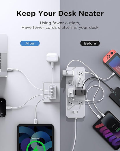 PISEN 65W USB C Fast Charger - 4FT USB-C Cable, 4-Port Compact Foldable GaN Charger, PPS for MacBook Pro/Air, iPad Pro, Galaxy S23, iPhone Series