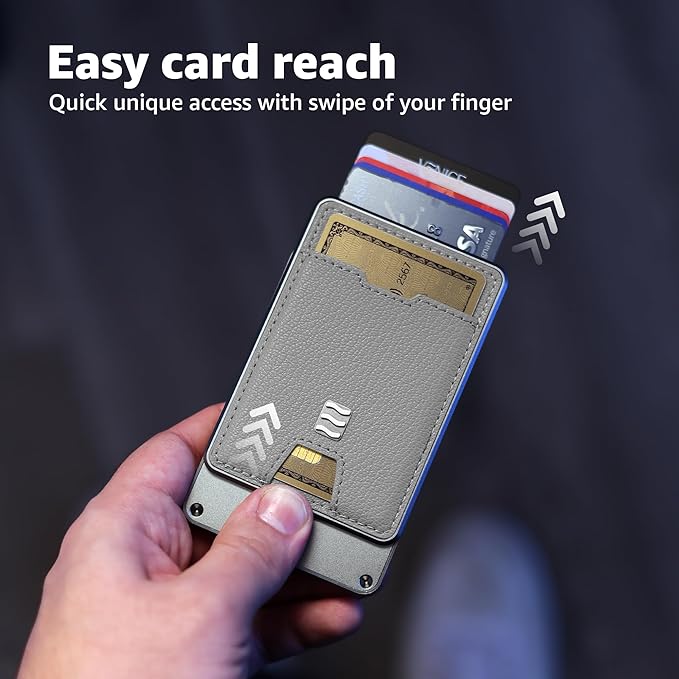 RFID Blocking Wallet, Minimalist Card Holder with Quick Access, Holds 1 to 12 Cards & Cash, Vegan Leather & Brushed Aluminum, Gift-Ready Packaging (Gray)