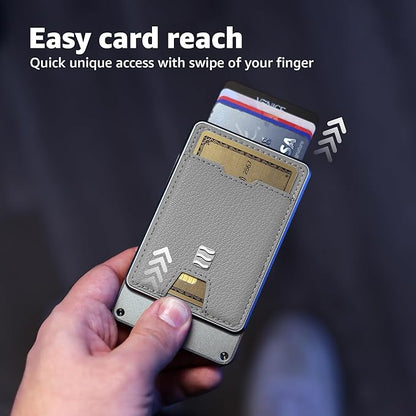 RFID Blocking Wallet, Minimalist Card Holder with Quick Access, Holds 1 to 12 Cards & Cash, Vegan Leather & Brushed Aluminum, Gift-Ready Packaging (Gray)