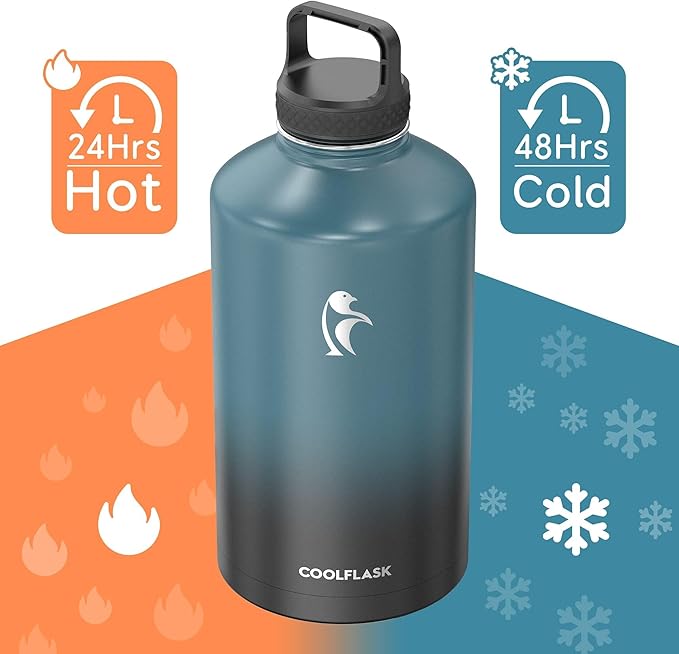 Coolflask 128 oz Gallon Water Bottle Insulated with Straw&3 Lids, Water Jug Large Stainless Steel Metal Vacuum Wide Mouth for Sports, Gym or Office, Non-BPA Keep Cold 48H Hot 24H, Samurai Cyan