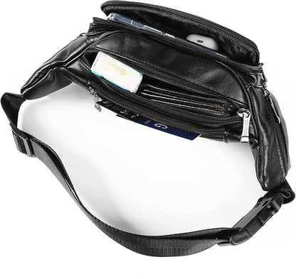 Black Leather Fanny Pack for Men & Women, Fashionable Multi-Pockets Waist Belt Bag for Travel Sports Hiking Cycling Fishing Running