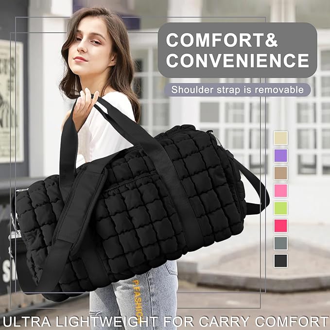 Quilted Travel Duffle Bag Gym Bag for Women,Large Puffer Duffle Weekender Bag with Compartment,Workout Overnight Carry on Organizer Bag Duffle Bag for Airplane Travel(L-Black)