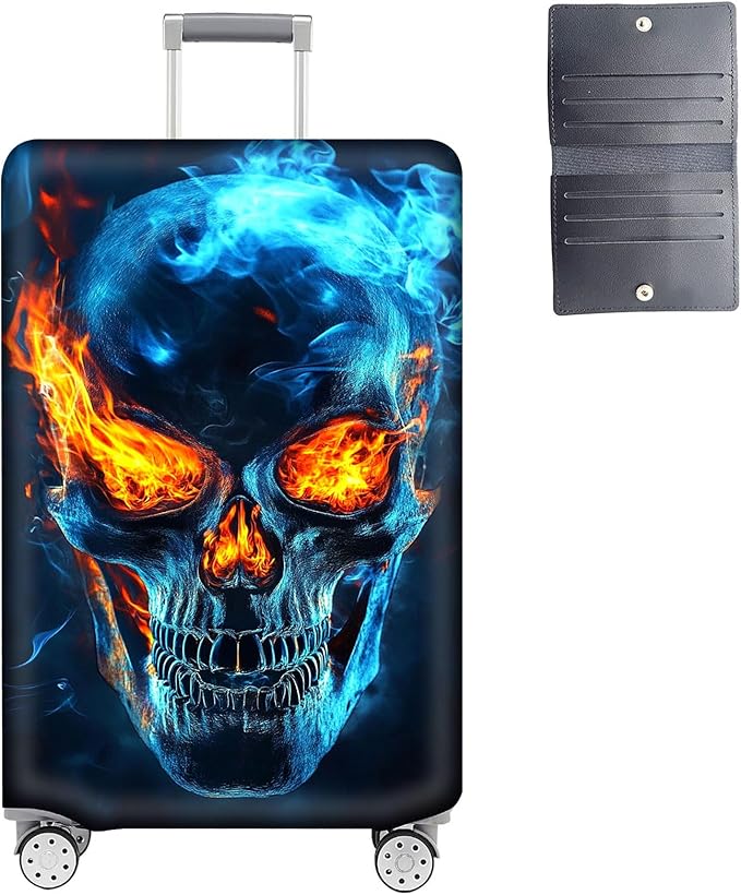 Luggage Cover Protector for 26-28 Inch Suitcases, TSA Approved Elastic Travel Suitcase Covers, Anti-Scratch Washable Luggage Sleeve for Carry On & Checked Bags, Flame Skull
