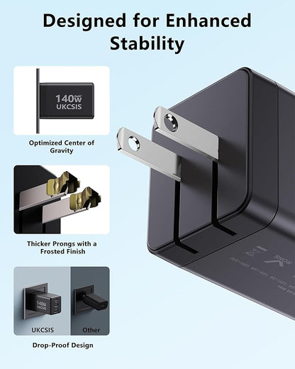 140W USB C Charger Block, Foldable 3-Port Multi-Device Fast Charger USB C Power Adapter for MacBook pro/Air, Dell, Samsung Galaxy, iPad Pro, and More (Black)