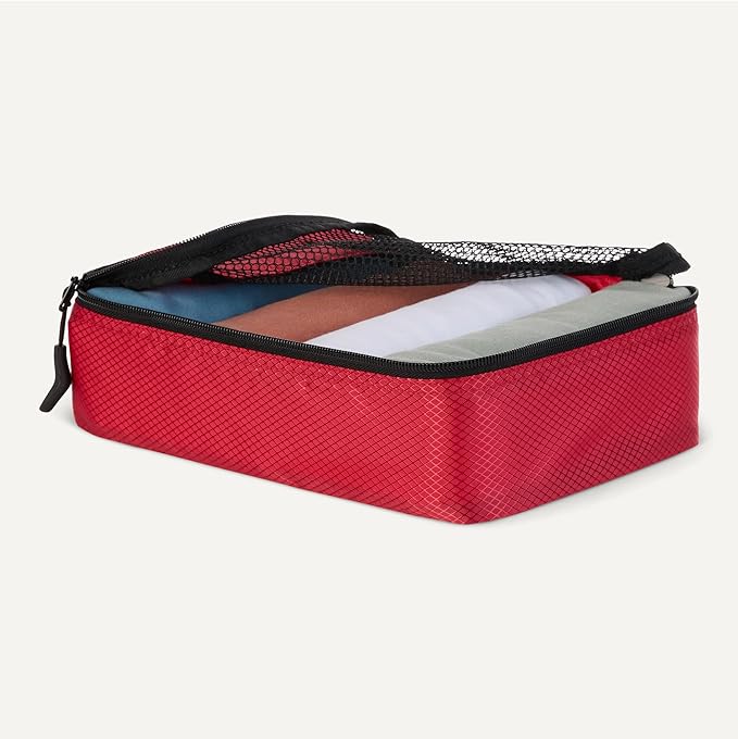 Amazon Essentials 4-Piece Packing Cubes Travel Accessories Set, Luggage Organizer with Double Zipper, Mesh Top, 100% Polyester, Small, Red (Previously Amazon Basics)