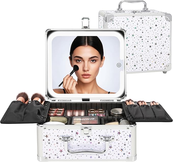 Relavel Makeup Bag with LED Mirror, Makeup Box Travel Train Case with Rechargeable Lighted Mirror, Cosmetic Brush Organizer Storage for Makeup Artists Gifts for Women and Girls, Shining Star