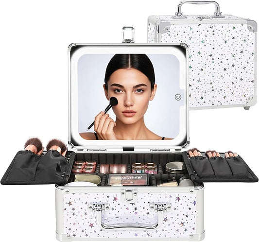 Relavel Makeup Bag with LED Mirror, Makeup Box Travel Train Case with Rechargeable Lighted Mirror, Cosmetic Brush Organizer Storage for Makeup Artists Gifts for Women and Girls, Shining Star