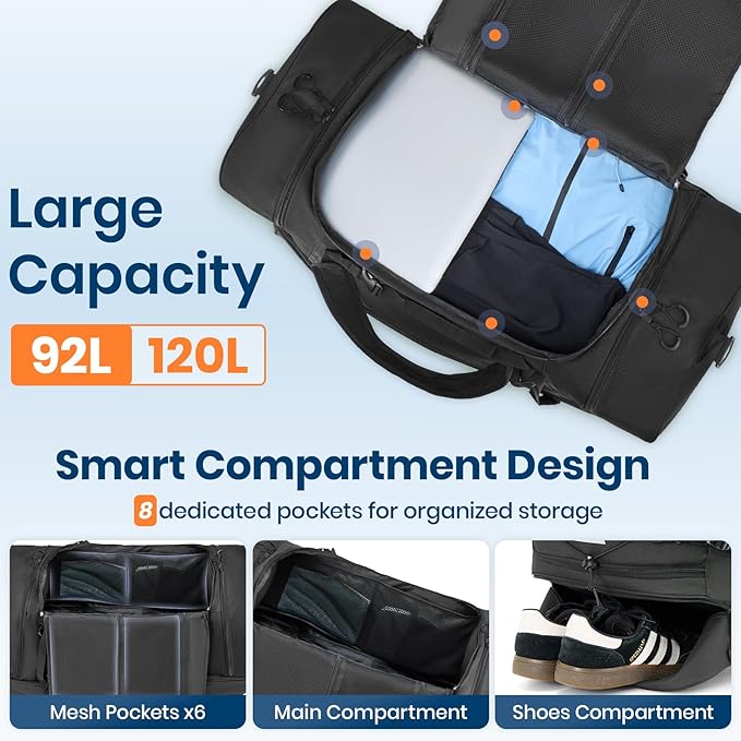 Fanwoli 92L 120L Large Rolling Duffle Bag with Shoes Compartment, 30’’ Expandable & Foldable Heavy Duty Water Resistant Travel Backpack, Convertible Foldable Duffel for Gym Camping Weekender