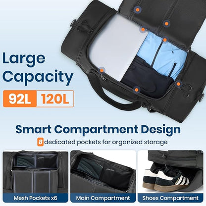 Fanwoli 92L 120L Large Rolling Duffle Bag with Shoes Compartment, 30’’ Expandable & Foldable Heavy Duty Water Resistant Travel Backpack, Convertible Foldable Duffel for Gym Camping Weekender