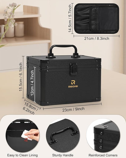 Relavel Makeup Bag with LED Mirror, Travel Cosmetic Train Case with 3 Colors Light up Mirror, Portable Makeup Aritst Storage Organizer Box with Brush Holder, Birthday Gifts for Women and Girls, Black