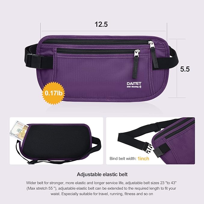RFID Blocking Money Belt for Men Women, Slim Fanny Pack For Travel，Running,Conceal Waist Wallet For Passport Holder,Phone,Cash(Dark Purple), Dark Purple, Rfid Blocking & Belt Wide:1inch