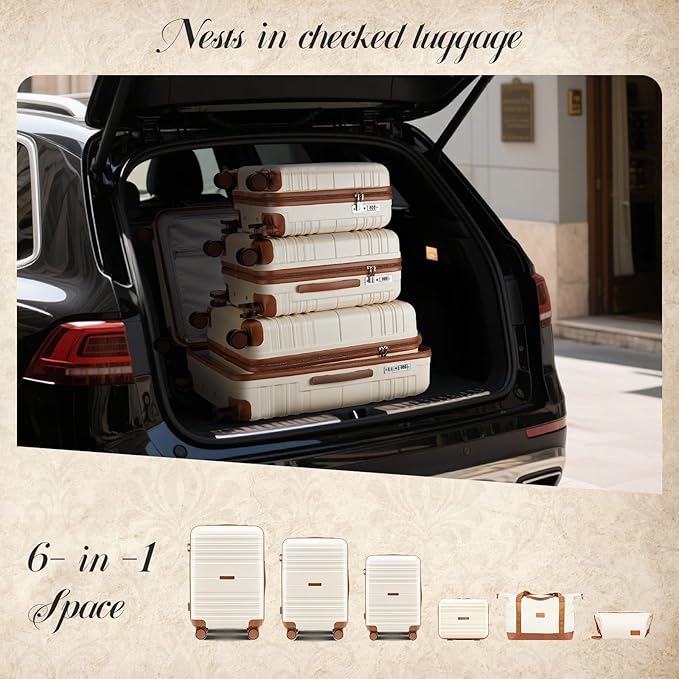 Luggage Sets 6 Piece with Spinner Wheels, Lightweight Hardshell Suitcase Set with TSA Lock, Carry On Checked Luggage with Travel Bag & Toiletry Bag (Beige, 6 piece sets（14/20/24/28/DB/TB）)