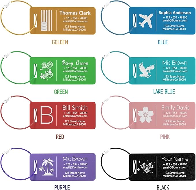 4 Personalized Metal Luggage Tags, Laser Engrave Name and Logo, Custom Aluminum Suitcase Tags with Steel Ring, for Travel, Backpack, Baggage (Purple)