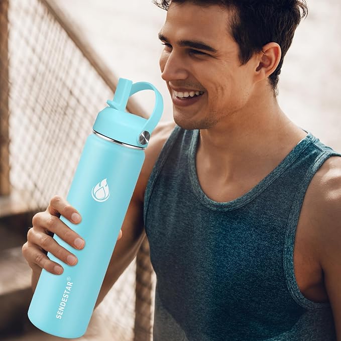 SENDESTAR Stainless Steel Water Bottle, Wide Mouth Water Bottle 40 oz with Straw Lid, Spout Lid, Double Wall Vacuum Insulated Leak Proof, Keeps Liquids Hot or Cold (Mint)